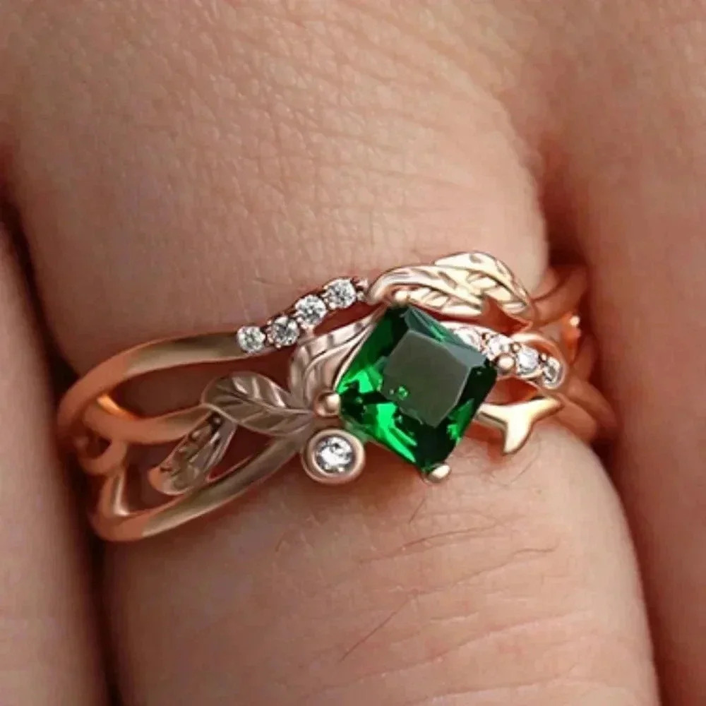 🌸Emerald Green Stone Ring Rose Gold Plated Anelli Ring, GPMB1499